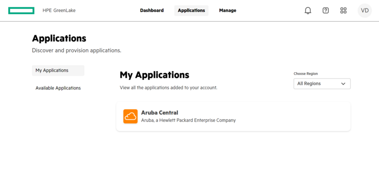Hewlett Packlard- My Applications HPE GreenLake - Aruba Central