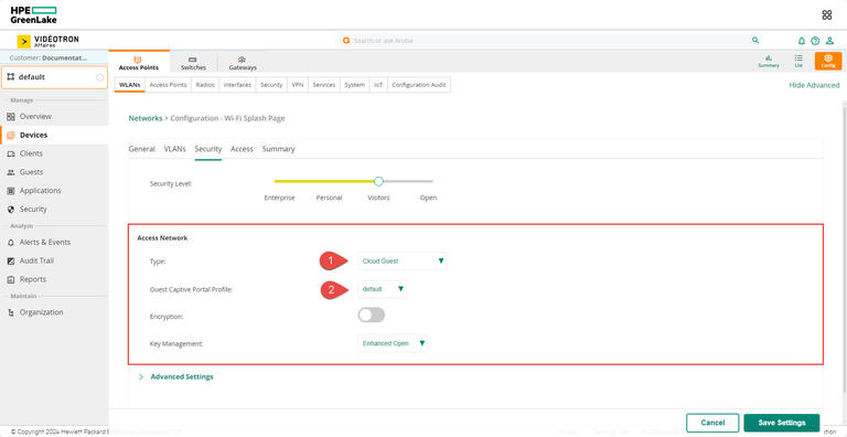 Aruba HPE - default Devices Access Points WLANs Security Cloud Guest default