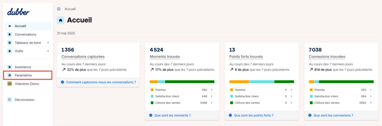 Dubber Accueil Paramètres, comment filtrer enregistrement IA