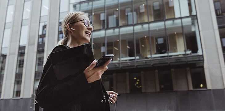 Business Woman Glasses Building Window