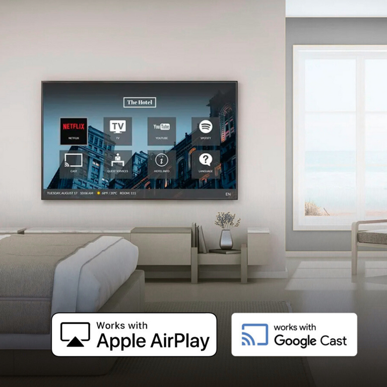 Hotel room TV compatible with Apple and Google Cas