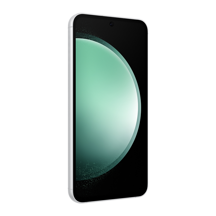 Samsung Galaxy S23 FE in Mint seen from the keyless side at an angle.