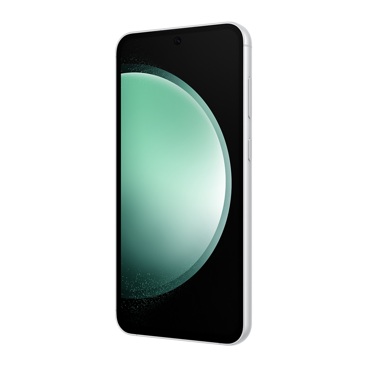 Samsung Galaxy S23 FE in Mint seen from the power and volume key side at an angle.
