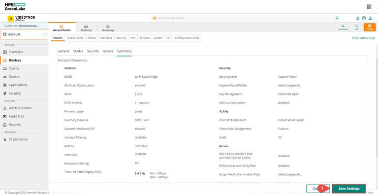 Aruba HPE - default Devices Access Points WLANs Summary