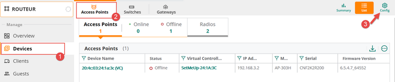 Aruba configuration Devices Access Points
