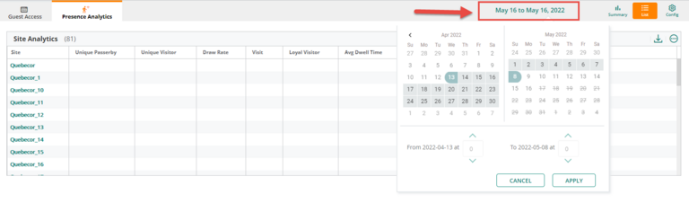 Aruba Data Dates Presence Analytics May 16 to May 16