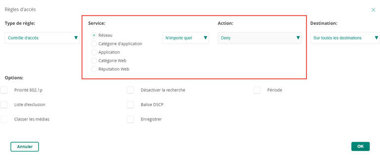 Aruba Contrôle d'accès Service Deny