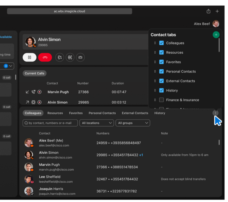 Contact tabs Alvin Simon