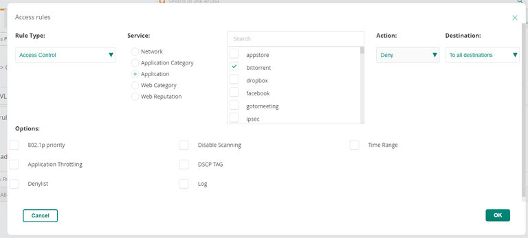 Aruba Contrôle d'accès Service Bittorrent