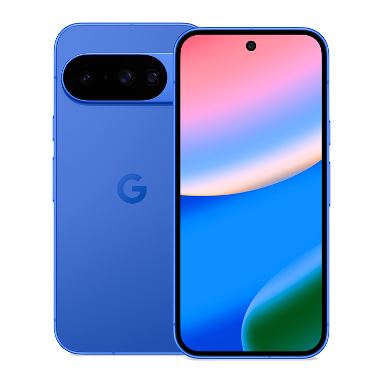 Google Pixel 10 Indigo vue de face et de dos avec appareil photo et logo Google