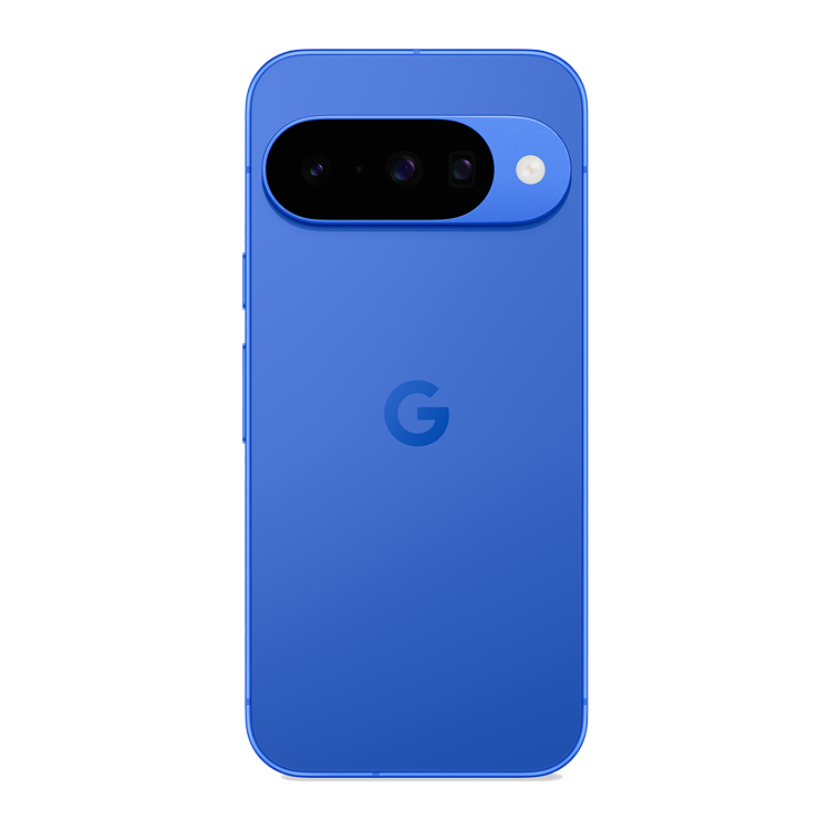 Google Pixel 10 Indigo vue de dos avec appareil photo et logo Google