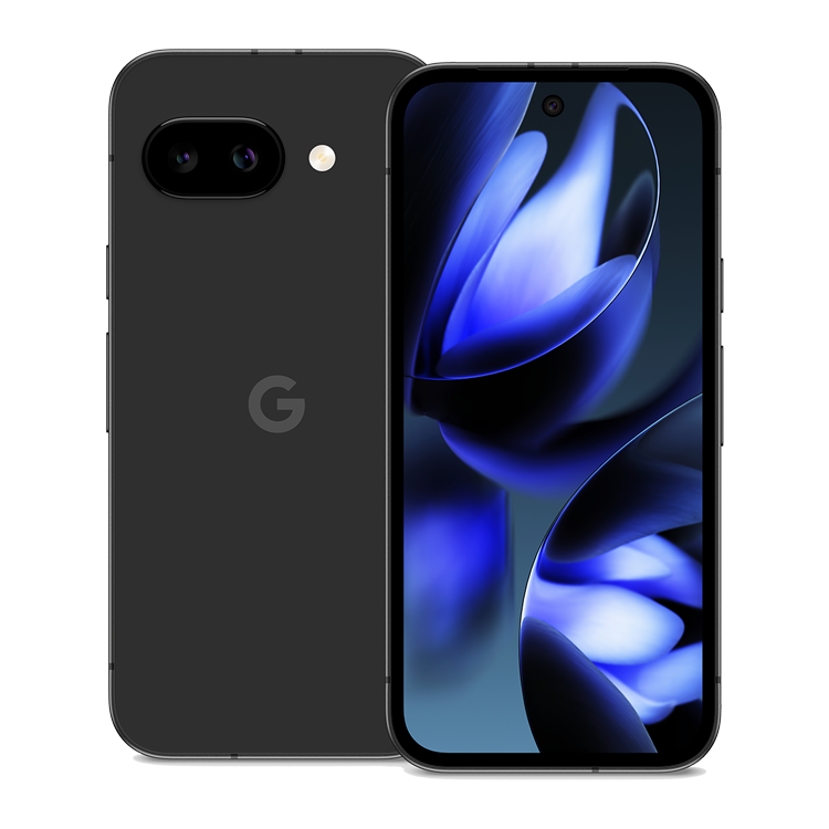 Google pixel 9a Noir volcanique vue de face et de dos avec appareil photo et logo Google