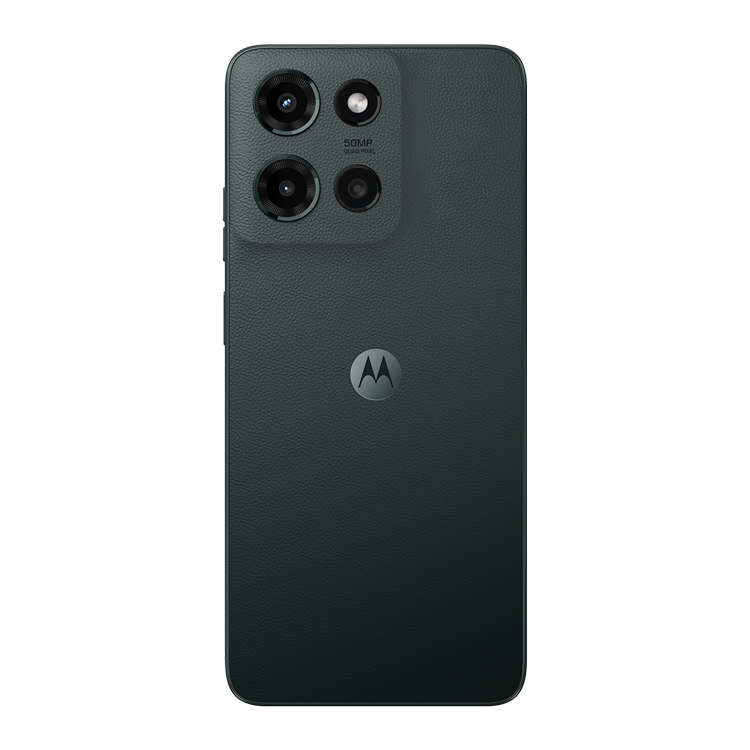 Motorola moto g - 2025 couleur forêt vue de dos avec appareil photo et logo Motorola