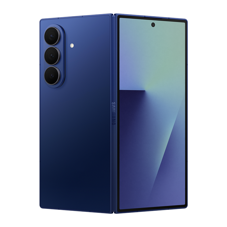 Samsung Galaxy Z Fold7 Blue Shadow Back view with camera and Samsung logo