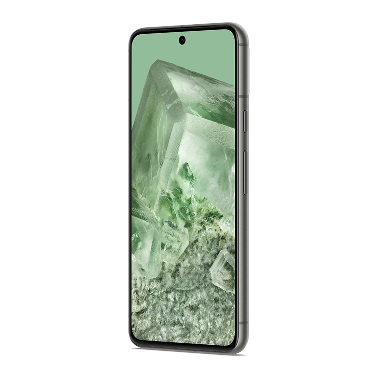 google pixel 8 seen from the power and volume key side at an angle.