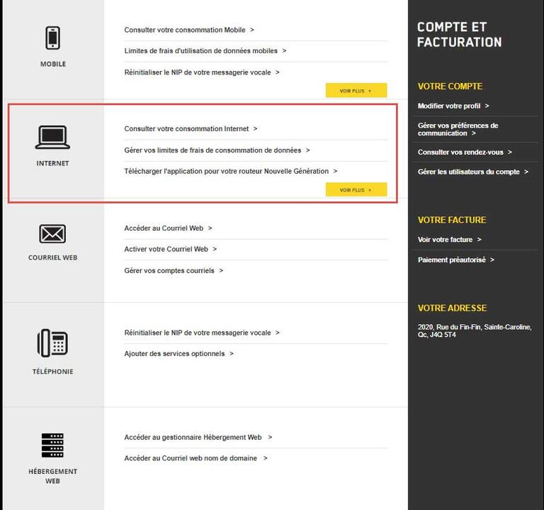 Internet console Compte et facturation