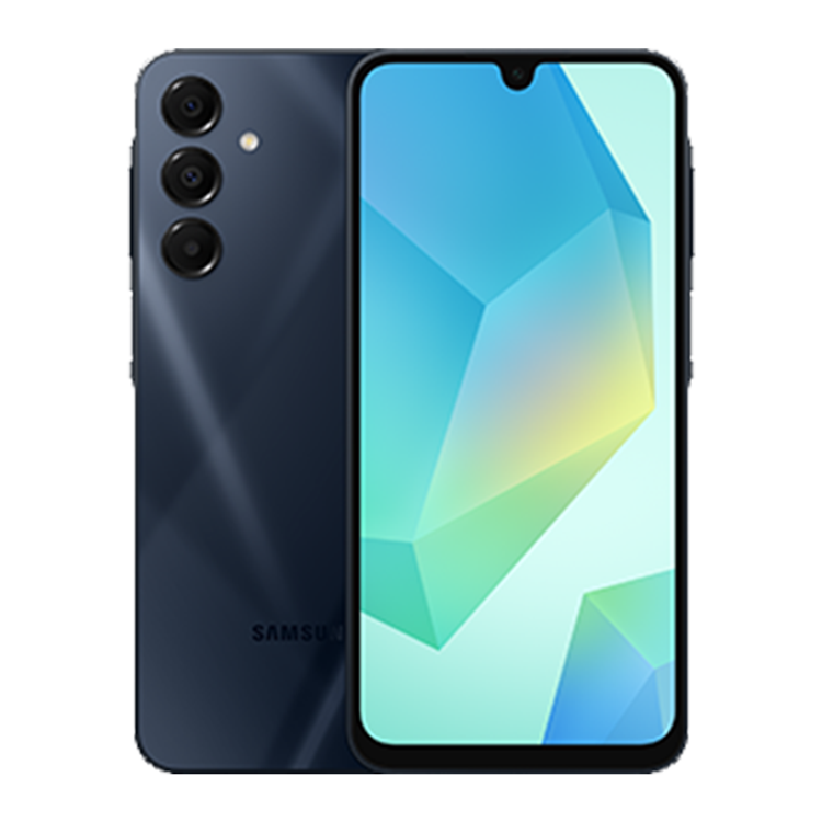 samsung galaxy a16 couleur bleu noir vue de face et vue de dos avec appareil photo et logo Samsung