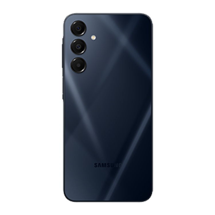 samsung galaxy a16 couleur bleu noir vue de dos avec appareil photo et logo Samsung
