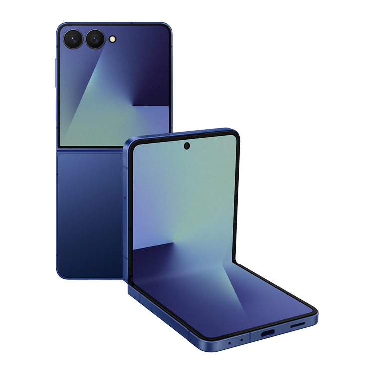 Samsung Galaxy Z Flip7 - Couleur Ombre bleu - vue de face et vue plié